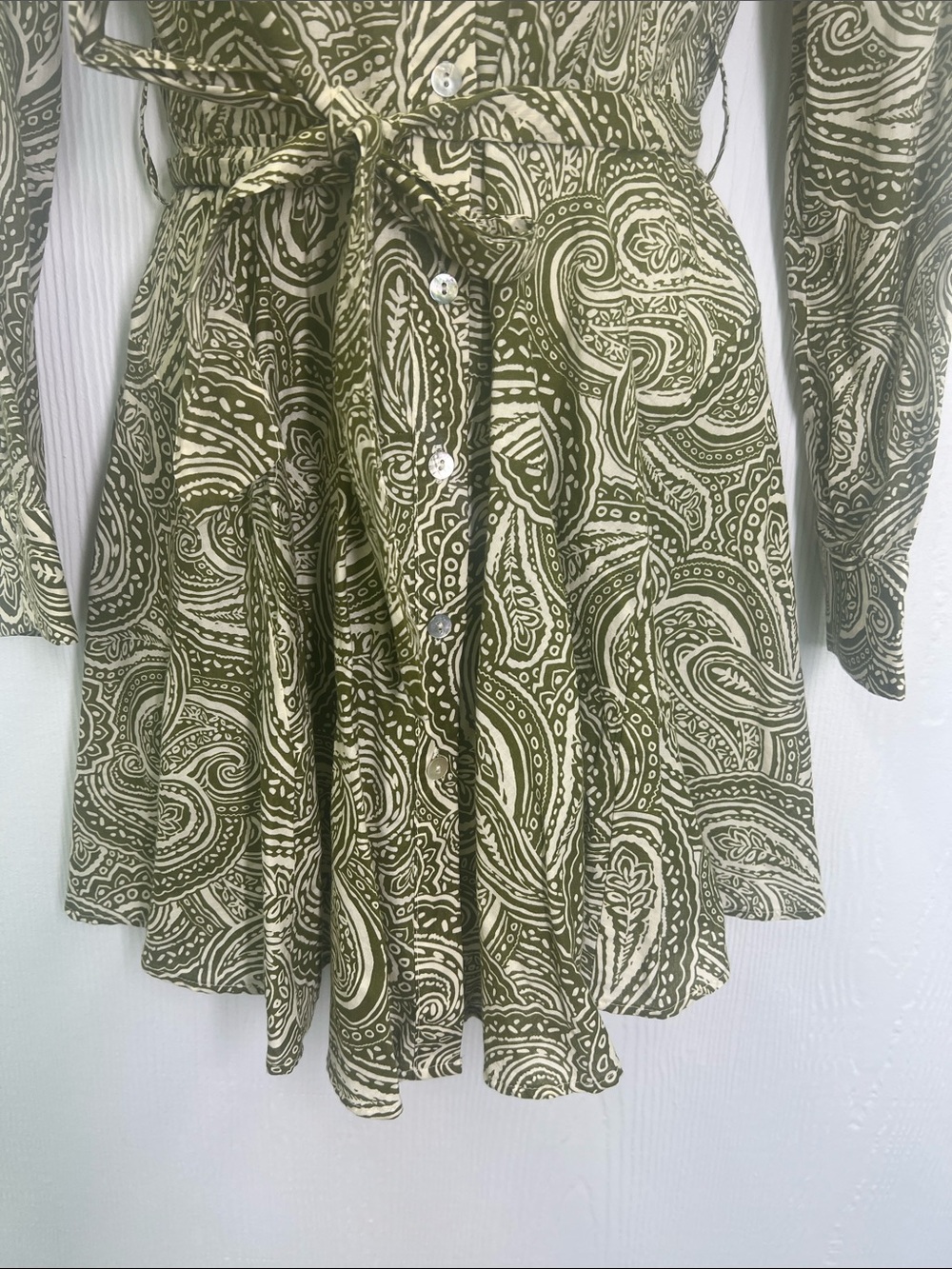 Zara - NWT Green And White Paisley Print Button Front Long Sleeve Mini Dress XS - Picture 6 of 11